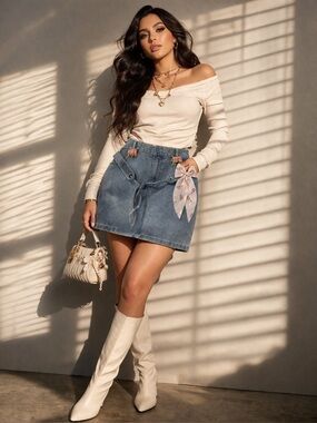 Upcycled Denim Mini Skirt Size 10 – Handmade Charm Details & Floral Bow🌸